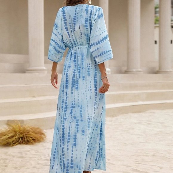 Boho Style Tie dye Cut out Sleeve thigh slit Maxi Dress BLUE - Picture 3 of 8